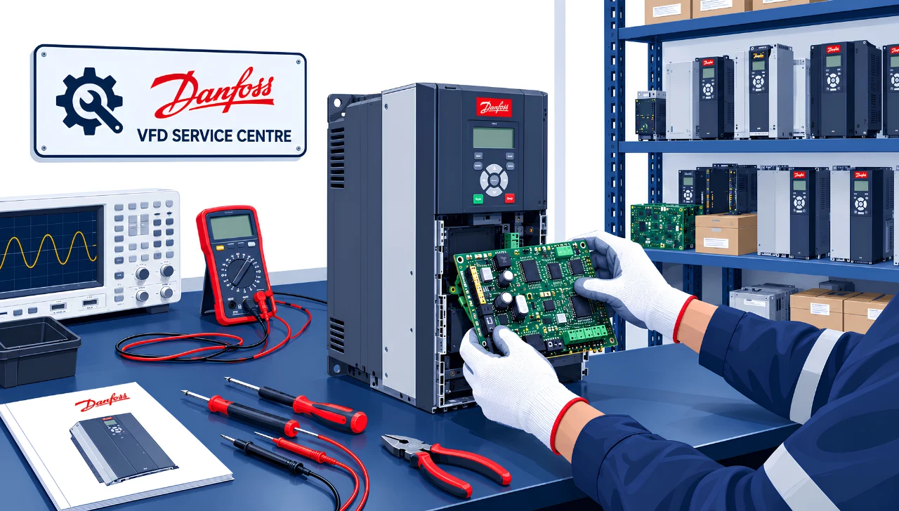 VFD repair service at Adhunik Automation service centre in Ghaziabad — technician repairing Danfoss drive