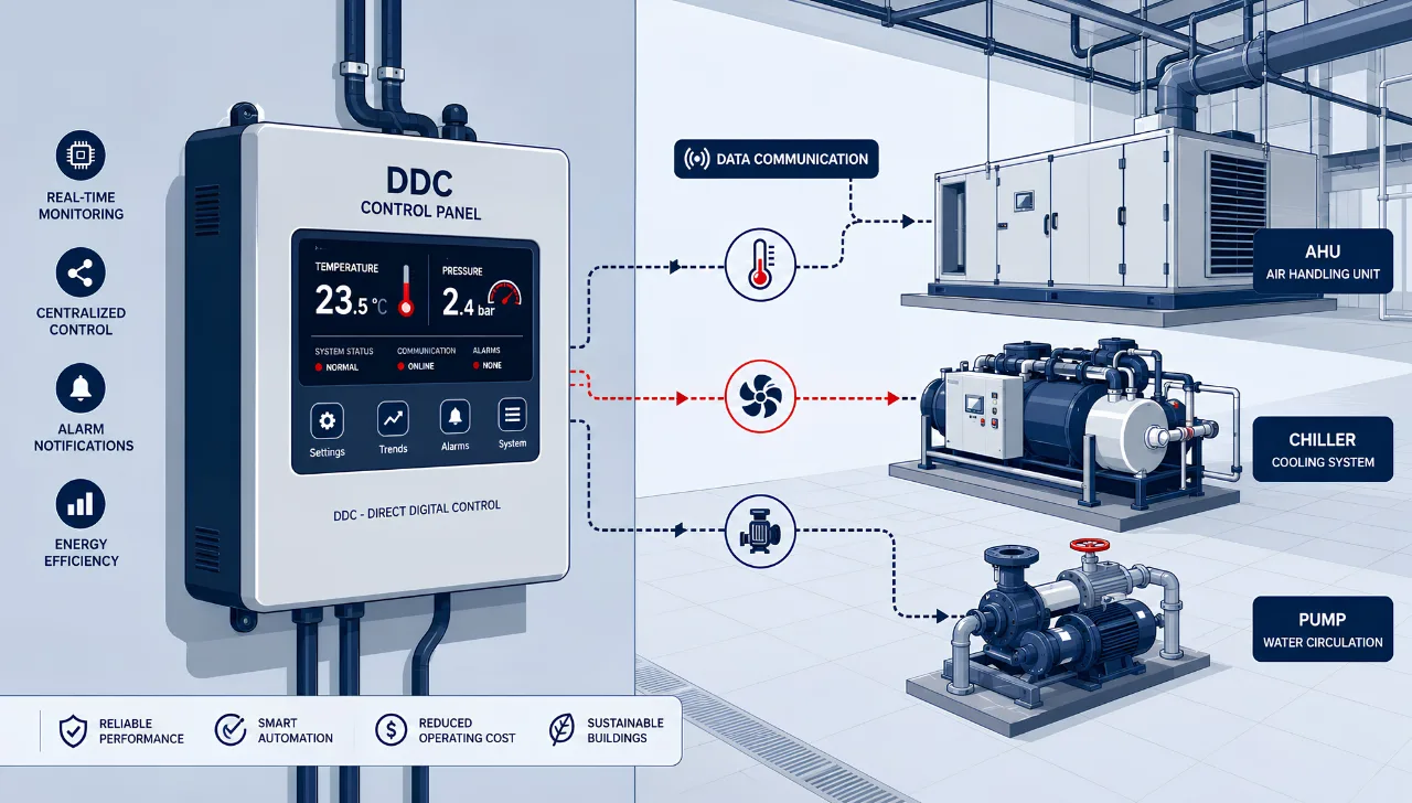 DDC panel installed in a building mechanical room controlling HVAC systems — Adhunik Automation Delhi NCR