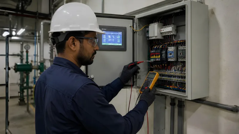 Technician inspecting a control panel during an AMC site visit